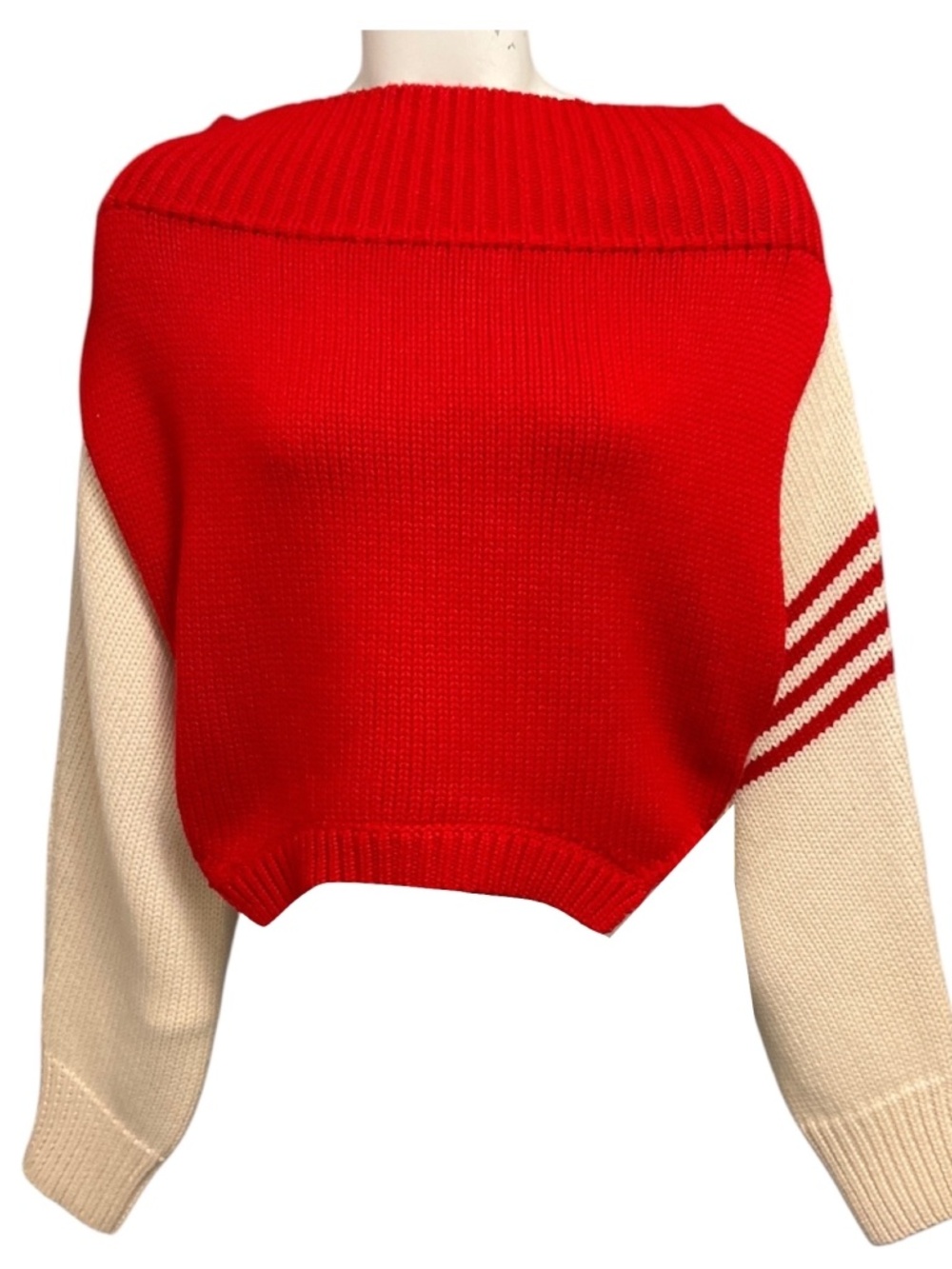 MONSE RED / IVORY CROPPED WOOL KNIT PULLOVER SWEATER WITH STRIPES